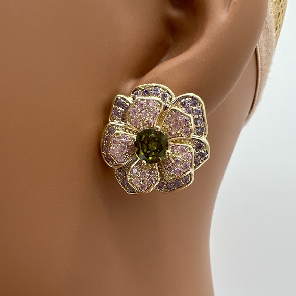 Pink Purple Green Floral Zircon Gold Earrings - Picture 3 of 6
